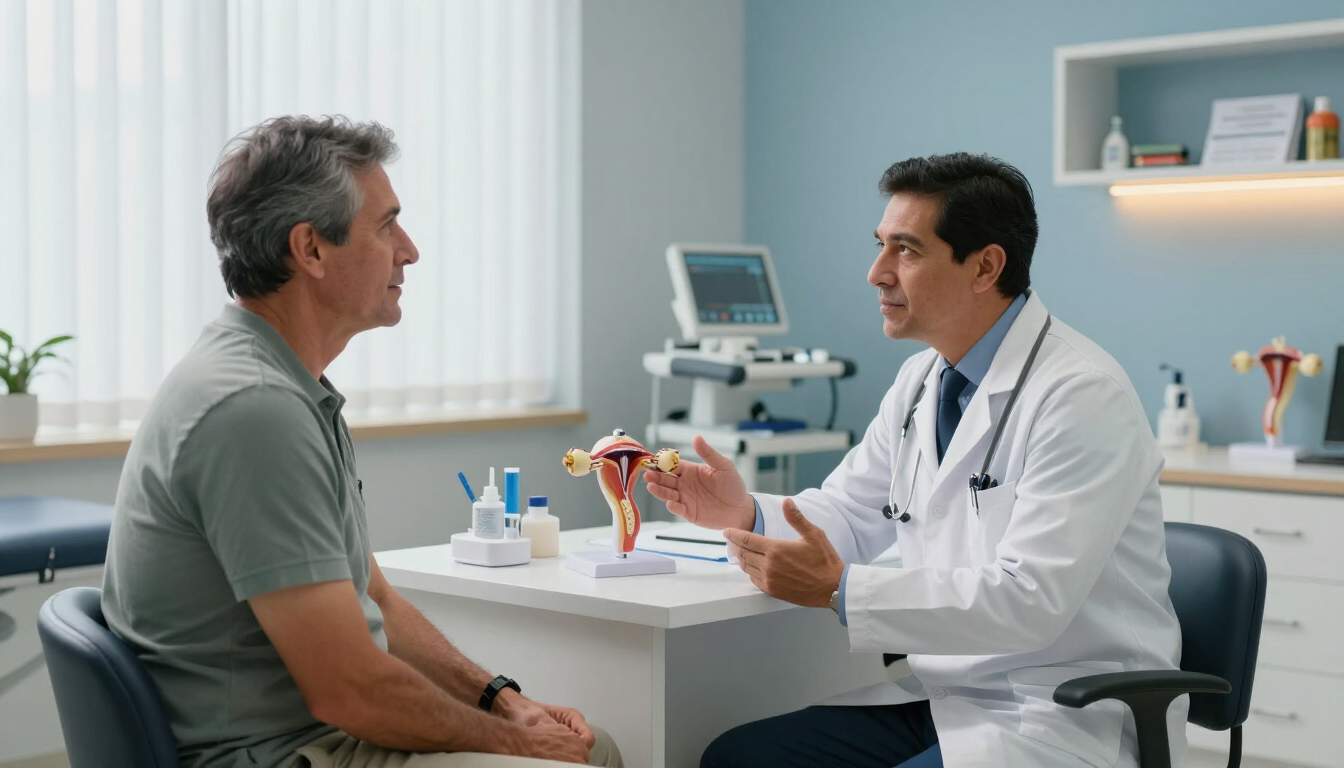 Consulta médica en clínica urológica sobre disfunción eréctil