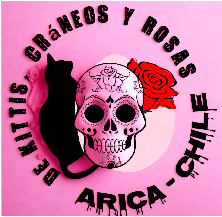 Logotipo rosa: Calavera de azúcar con rosas, silueta de gato negro, 