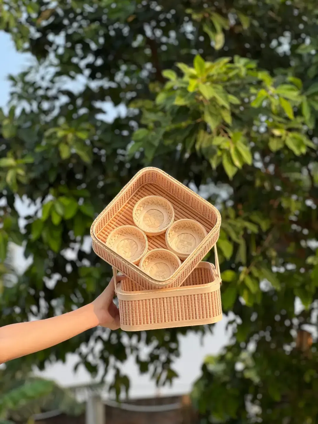 Square Handwoven Bamboo Gift Basket - Double Layered