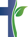 A blue cross with a green leaf on it.