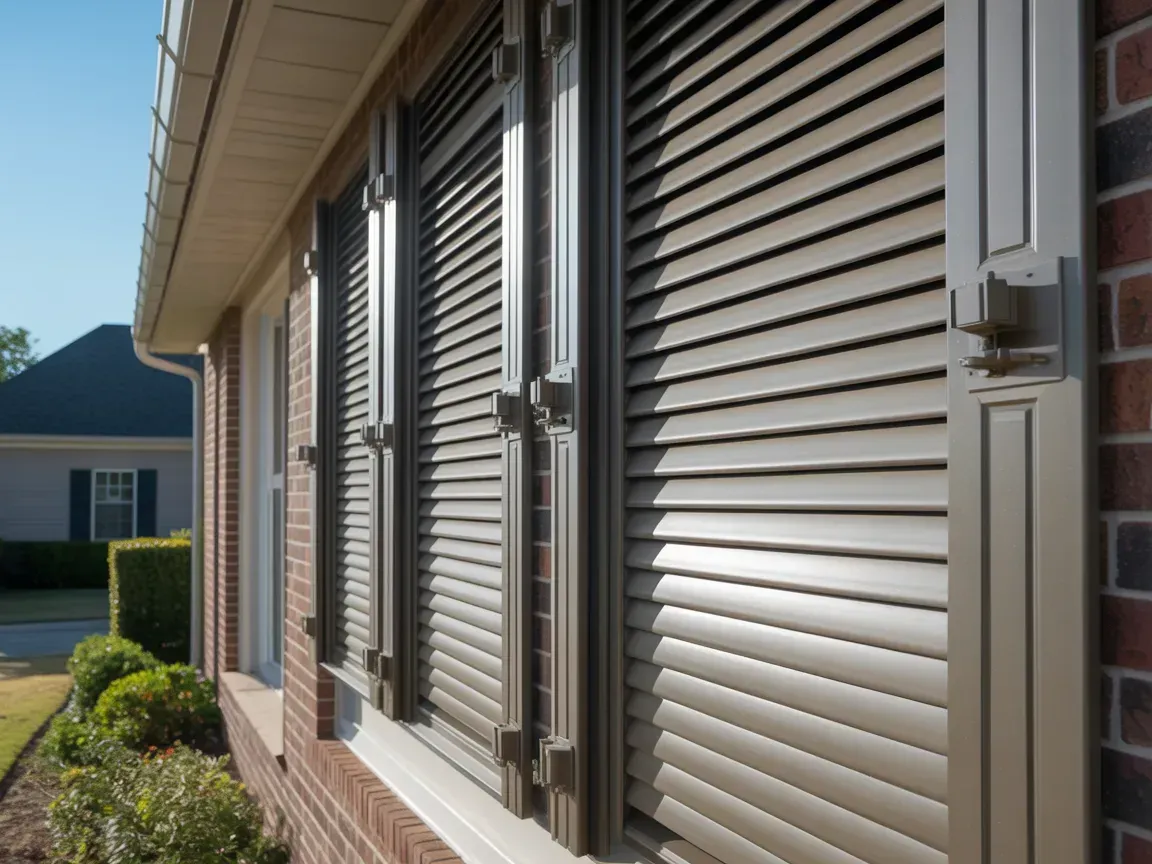 Brown louvered shutters on a brick building, under a tan eave. Clear, sunny day.