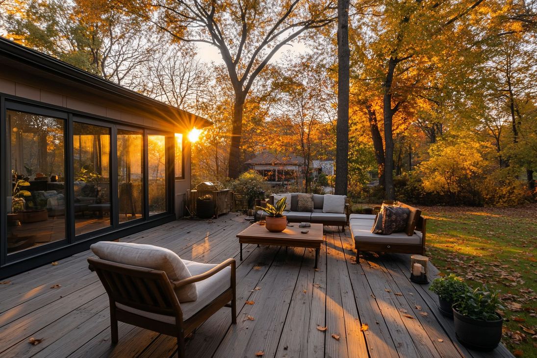 Sunlit autumn deck with outdoor seating beside a glass-walled house and trees in warm fall colors Sunlit autumn deck with outdoor seating beside a glass-walled house and trees in warm fall colors