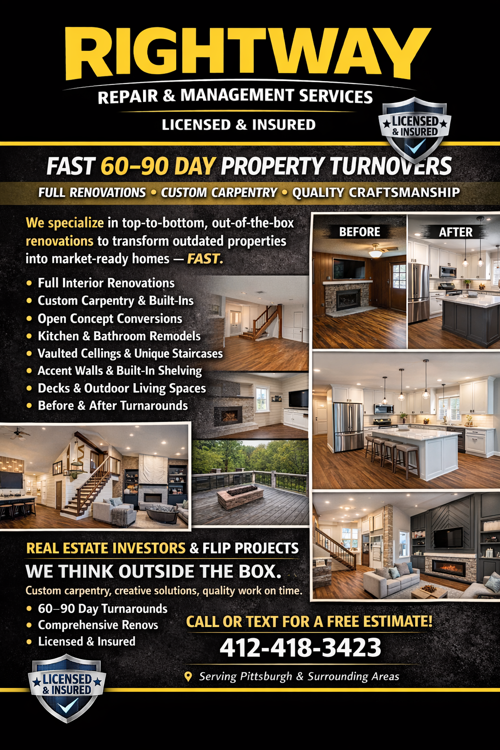 Rightway repair and remodeling services ad with property turnover and interior renovation photos