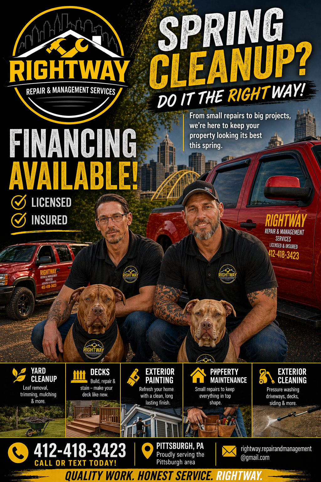 Rightway Cleanup spring cleanup ad with two men, dog, red truck, and financing available text