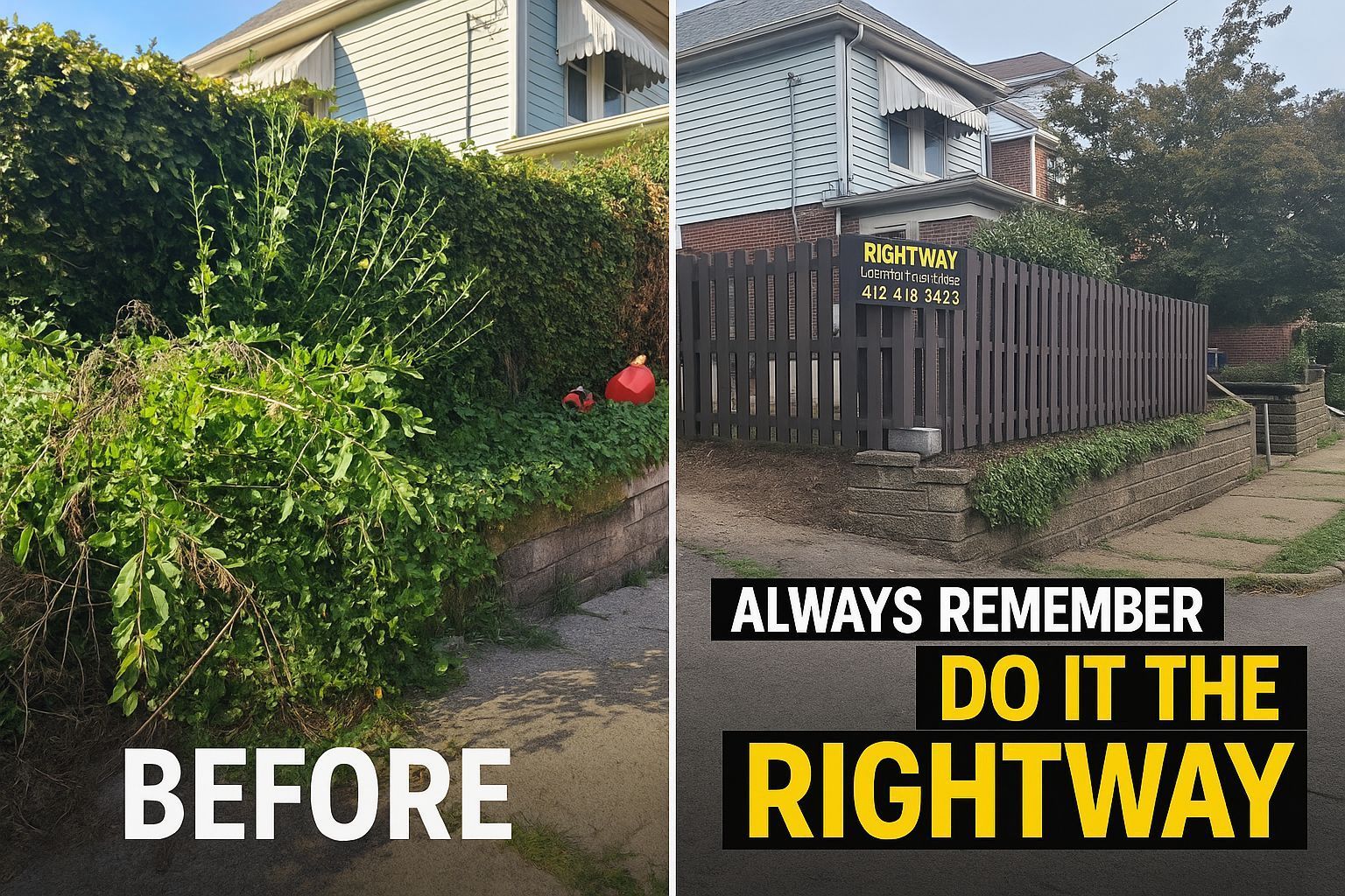 Before-and-after backyard fence: overgrown yard on left, neat brown fence on right with “Always remember do it the right way” sign.
