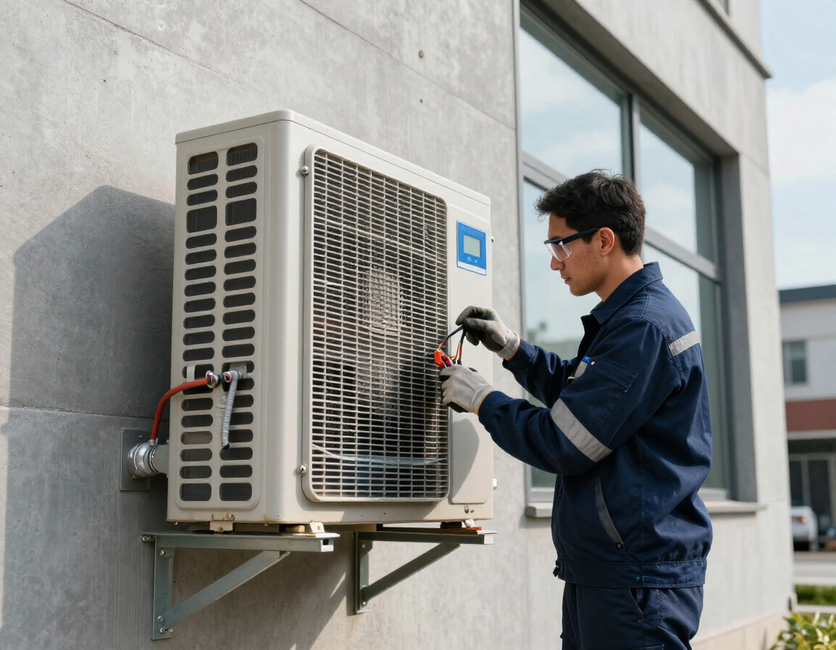 Técnico inspeccionando una unidad de aire acondicionado exterior montada en la pared con herramientas.