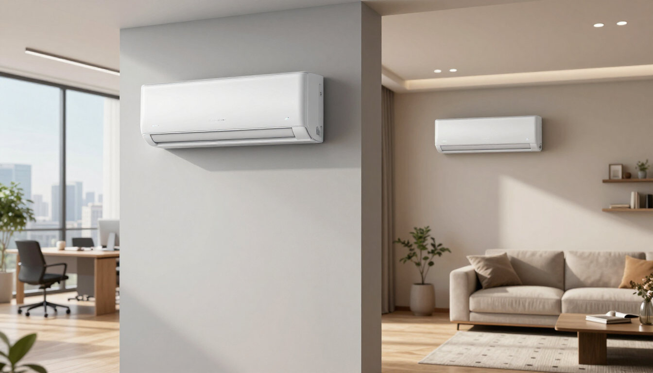 Dos aires acondicionados blancos montados en la pared en una sala de estar y oficina moderna y luminosa.