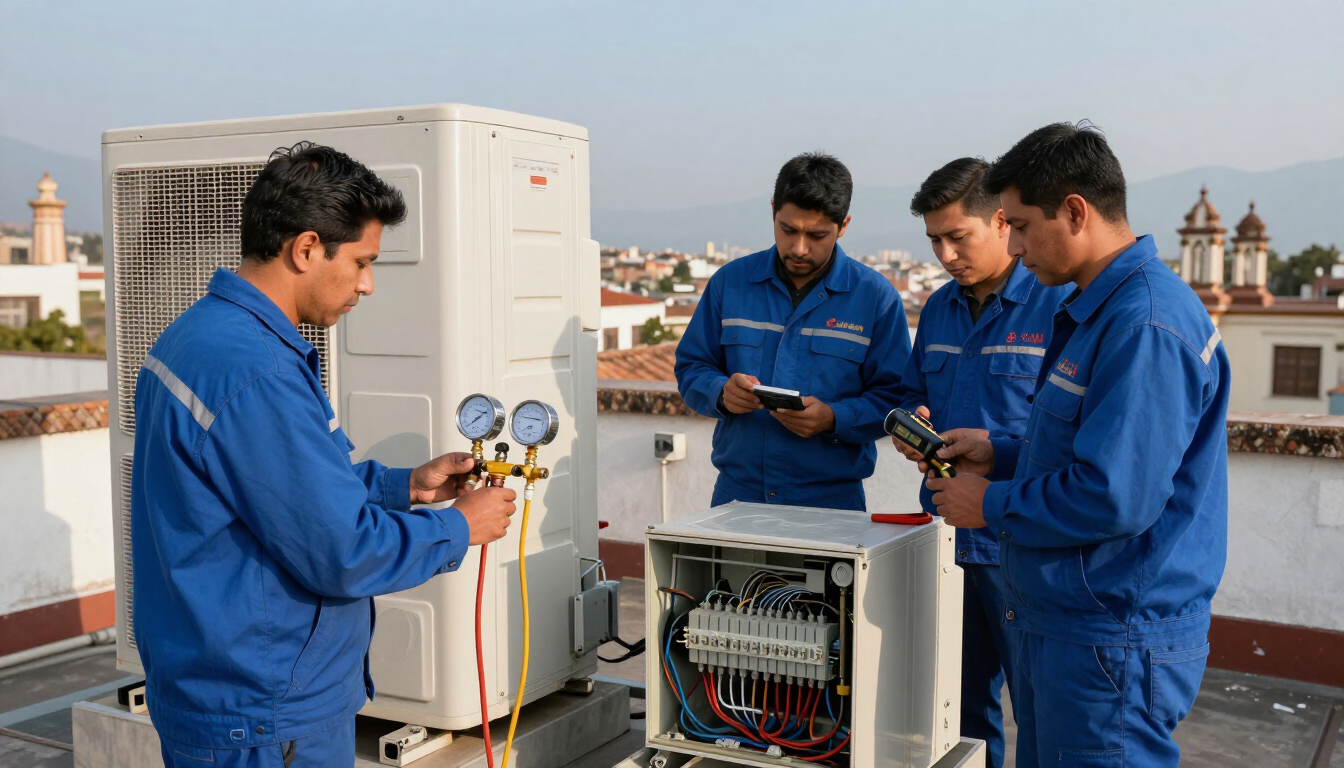 Técnicos con uniformes azules inspeccionan los equipos de climatización de las azoteas mediante manómetros y paneles de control.