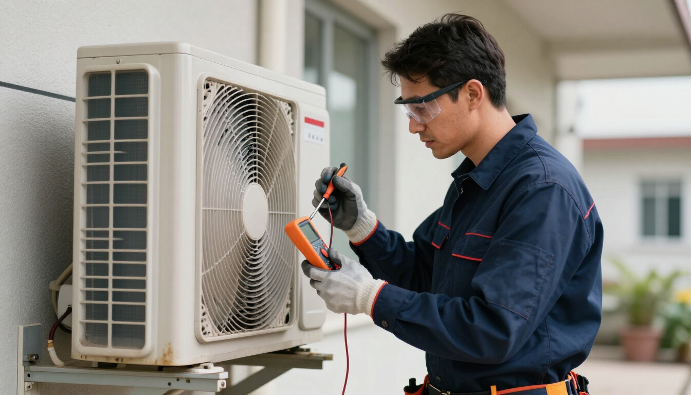 Técnico inspeccionando una unidad exterior de aire acondicionado con un manómetro en un entorno residencial.