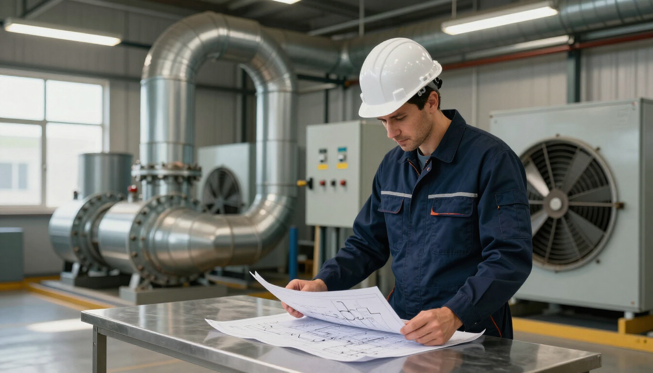 Ingeniero con casco blanco revisando planos junto a maquinaria industrial en una fábrica.
