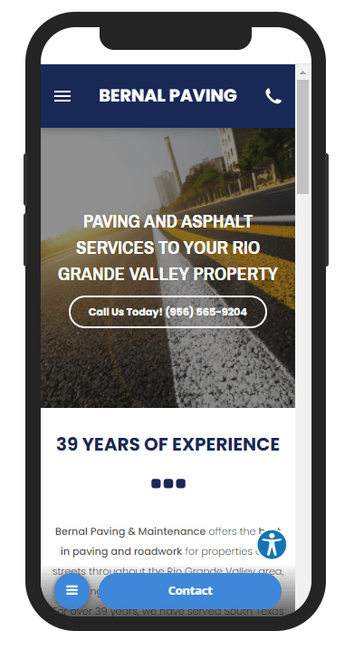 A smartphone screen displaying the mobile website for Bernal Paving, featuring a paving service advertisement.