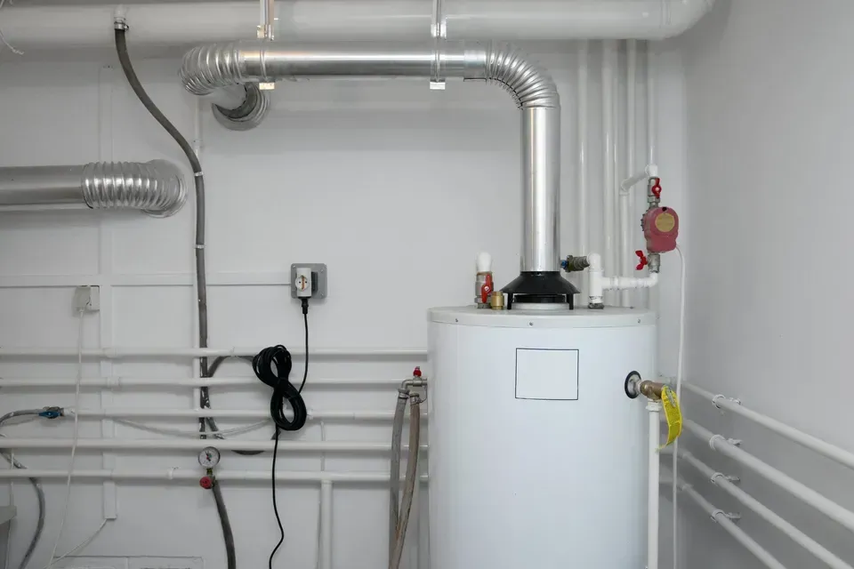 A water heater is sitting in a room next to pipes.