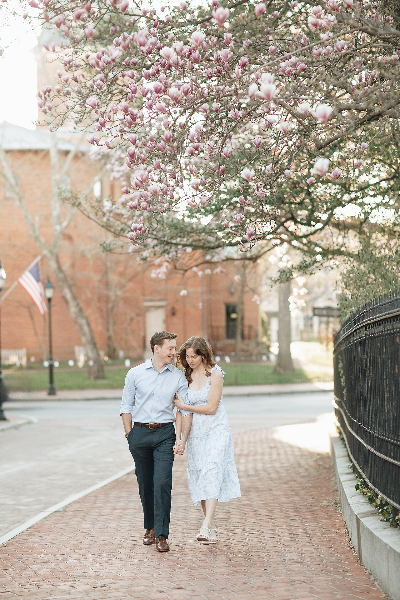 Newly engaged couple Cole and Eve early springtime engagement session in downtown Annapolis. 