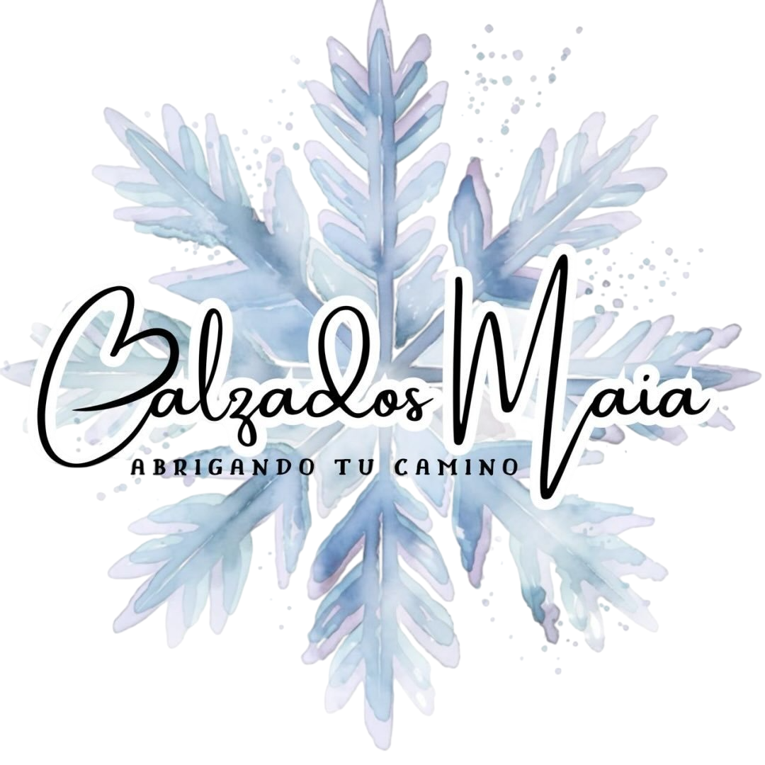 Logotipo de Calzados Maia con fondo de copo de nieve azul en acuarela y el eslogan de la marca 