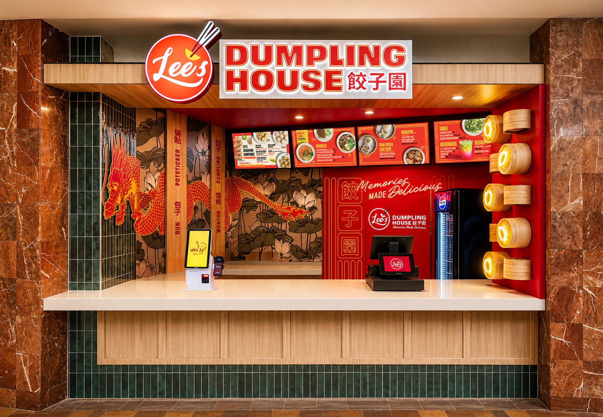 Lee's Dumpling House restaurant storefront with red signage and a service counter