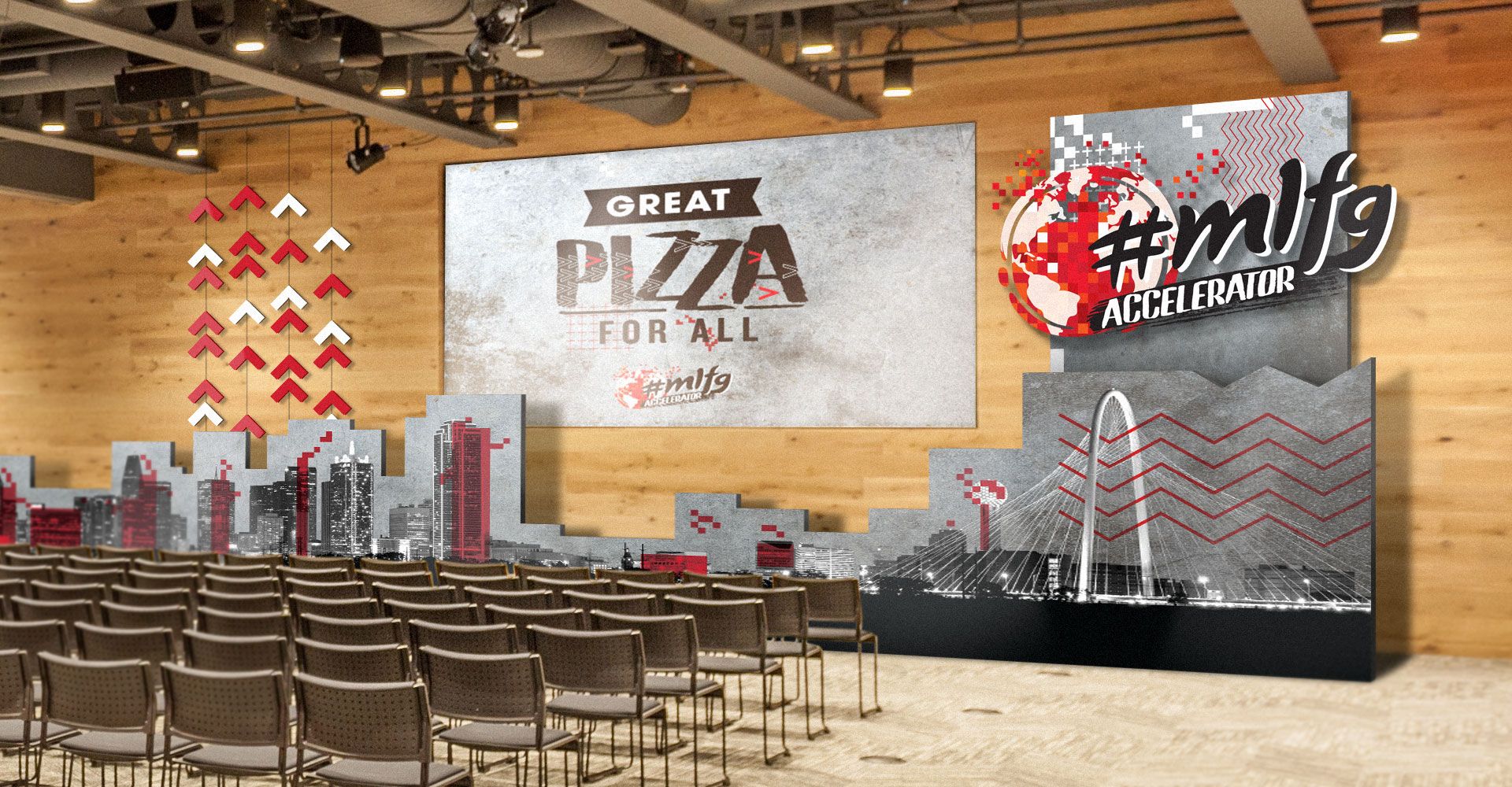 A large room with rows of chairs and a large sign that says great pizza for all.