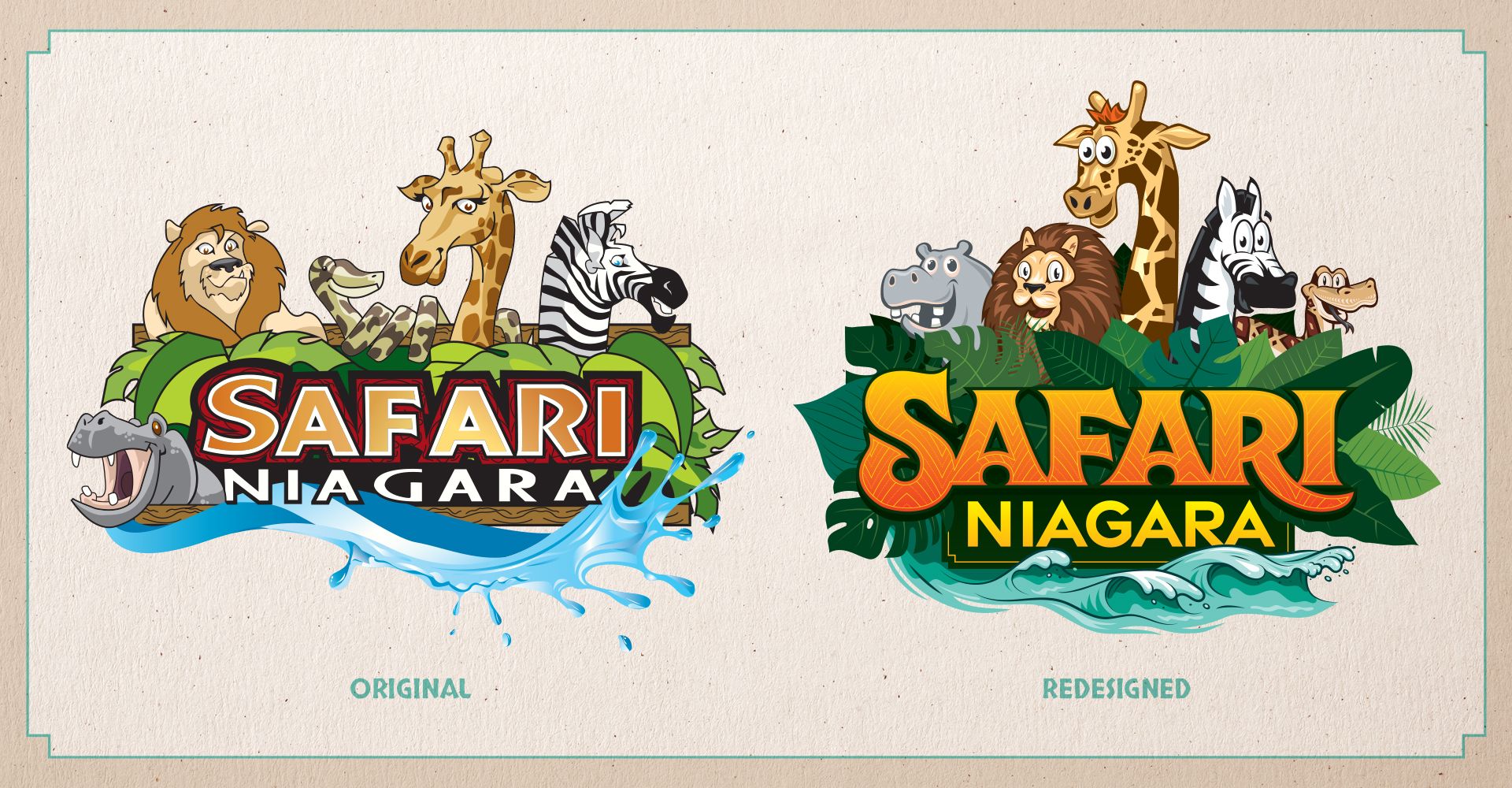Two logos for safari niagara with animals on them