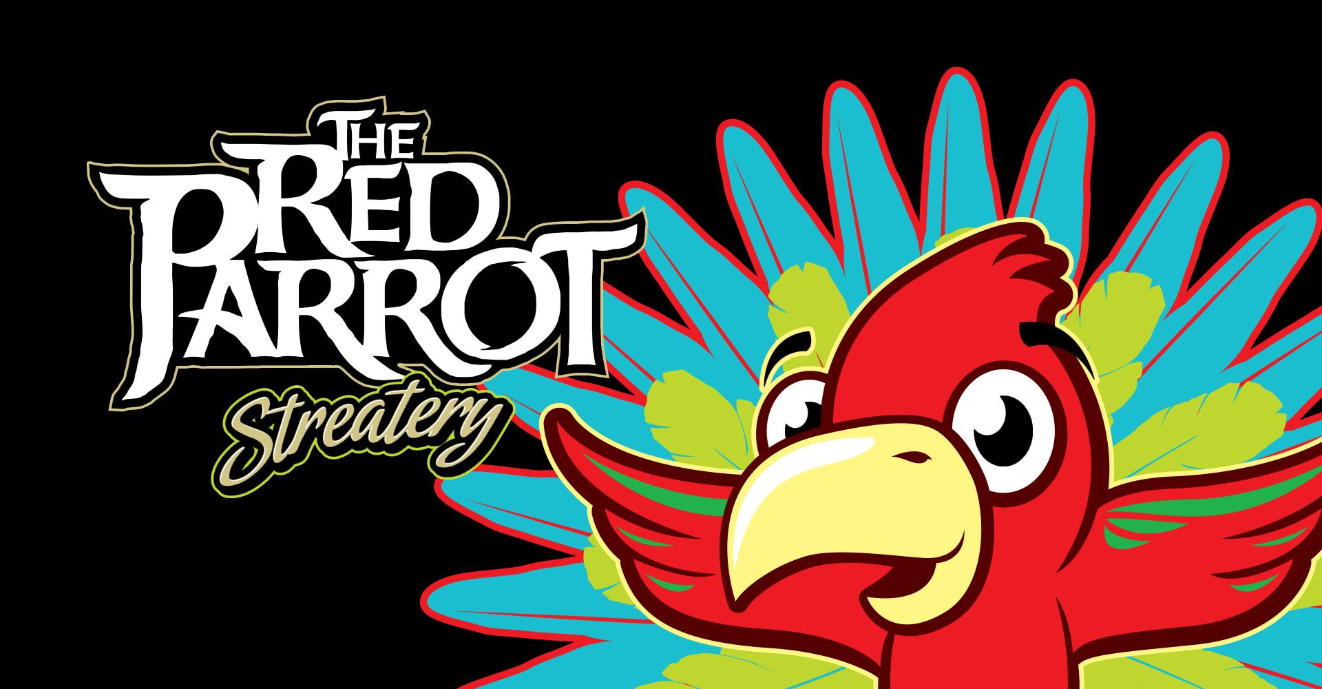 The red parrot streatery logo with a cartoon parrot on a black background.