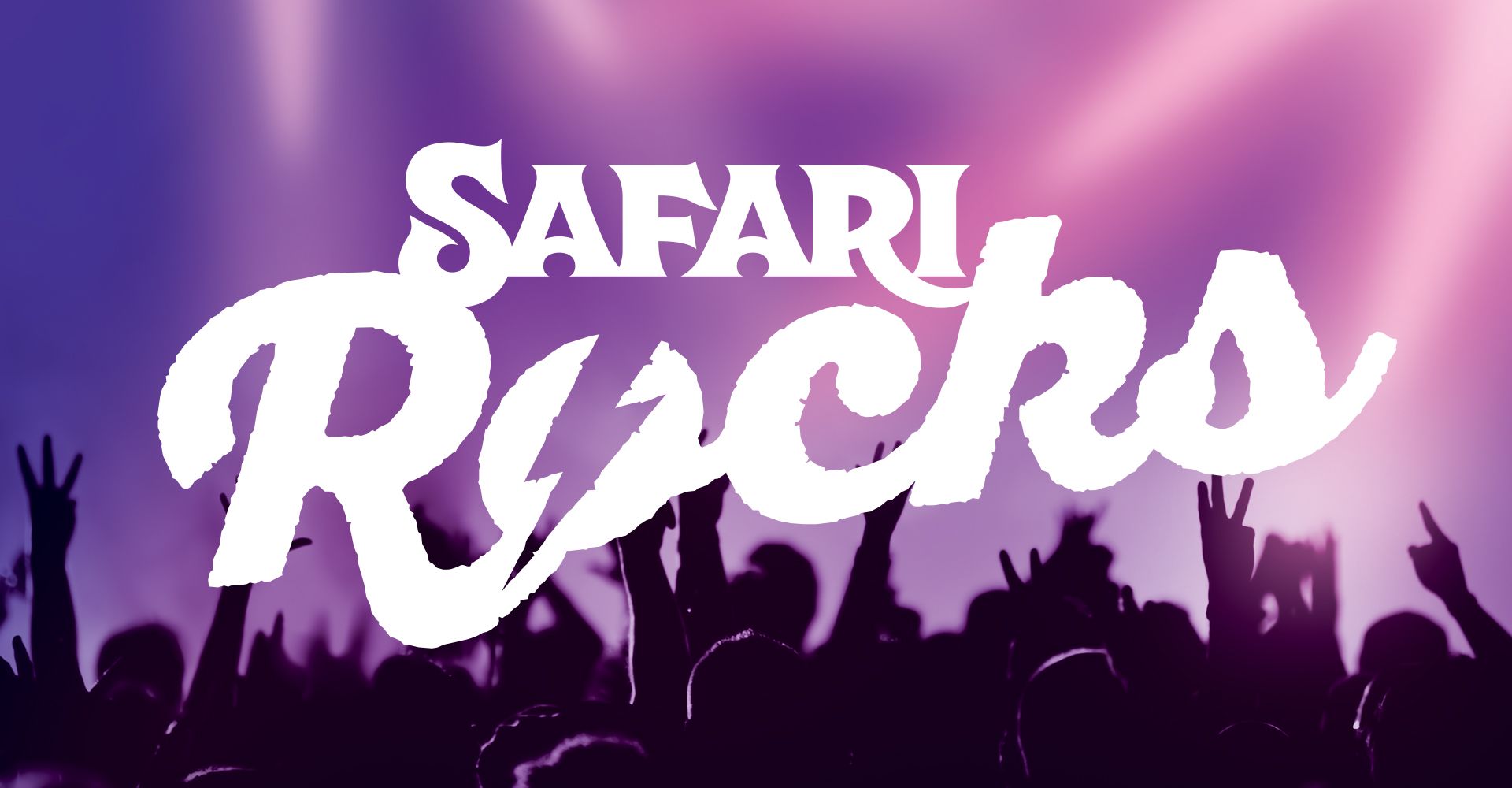 A logo for safari rocks with a crowd behind it