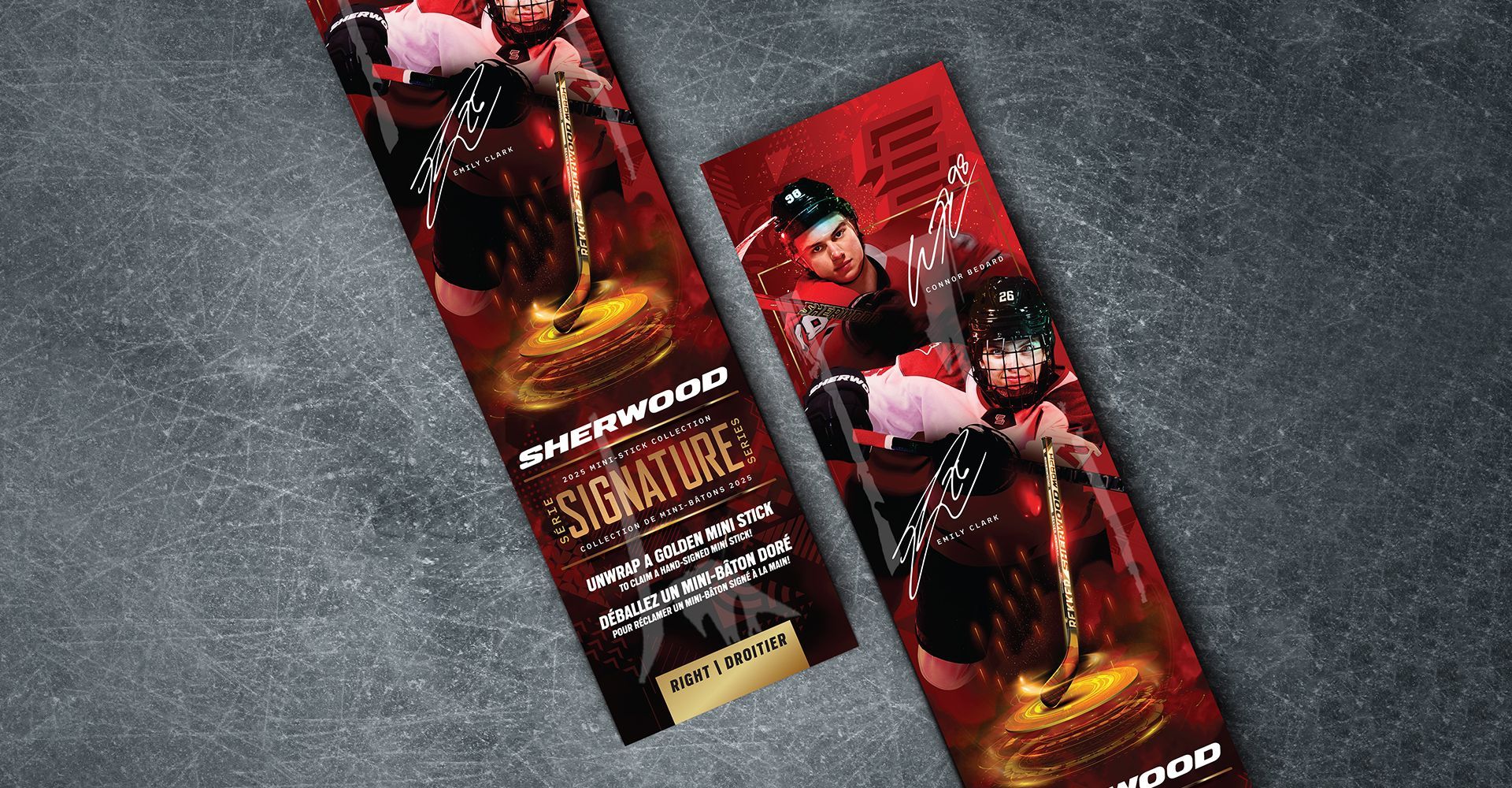 Two red packages on a gray surface, showing a costumed hockey player with gold text.