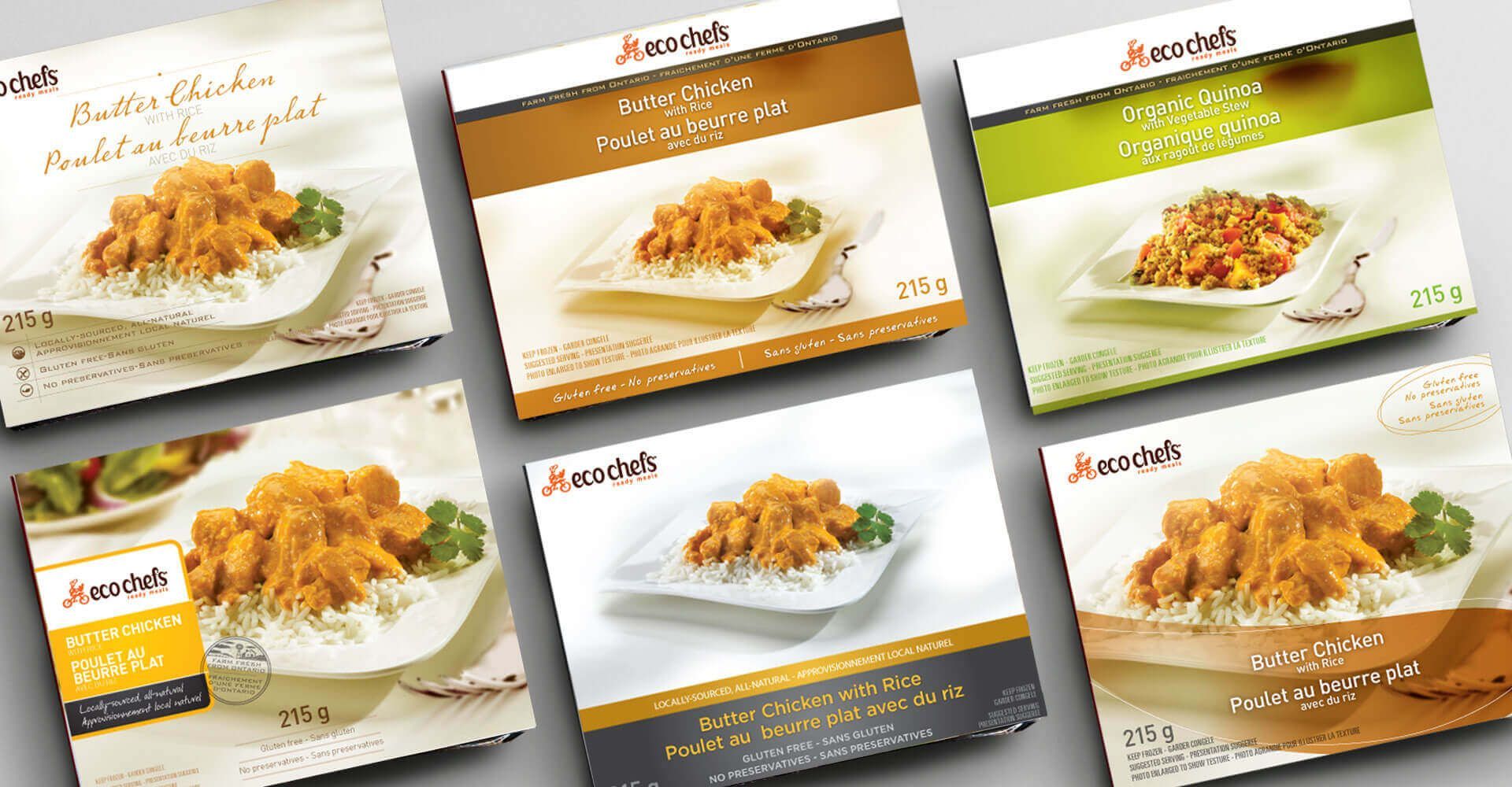A variety of frozen dinners are displayed on a table.