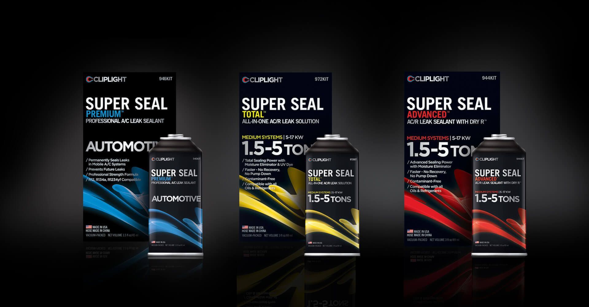 Three cans of super seal sitting next to each other