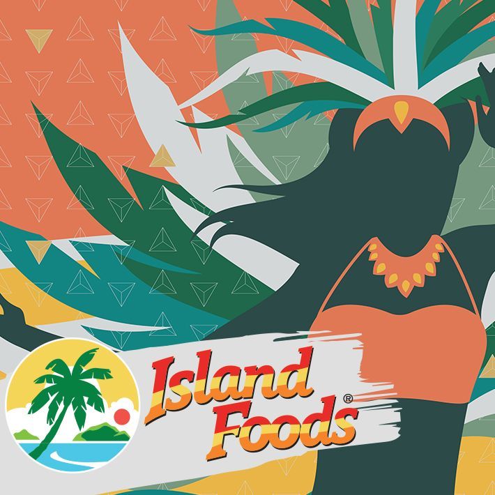 A poster for island foods shows a woman in a bikini