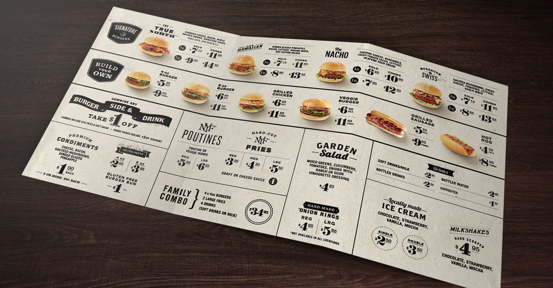 A menu with hamburgers and hot dogs on it