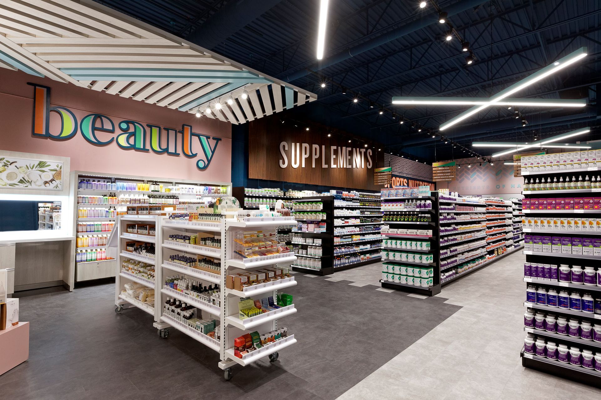 A grocery store with a lot of shelves and a sign that says beauty supplements.