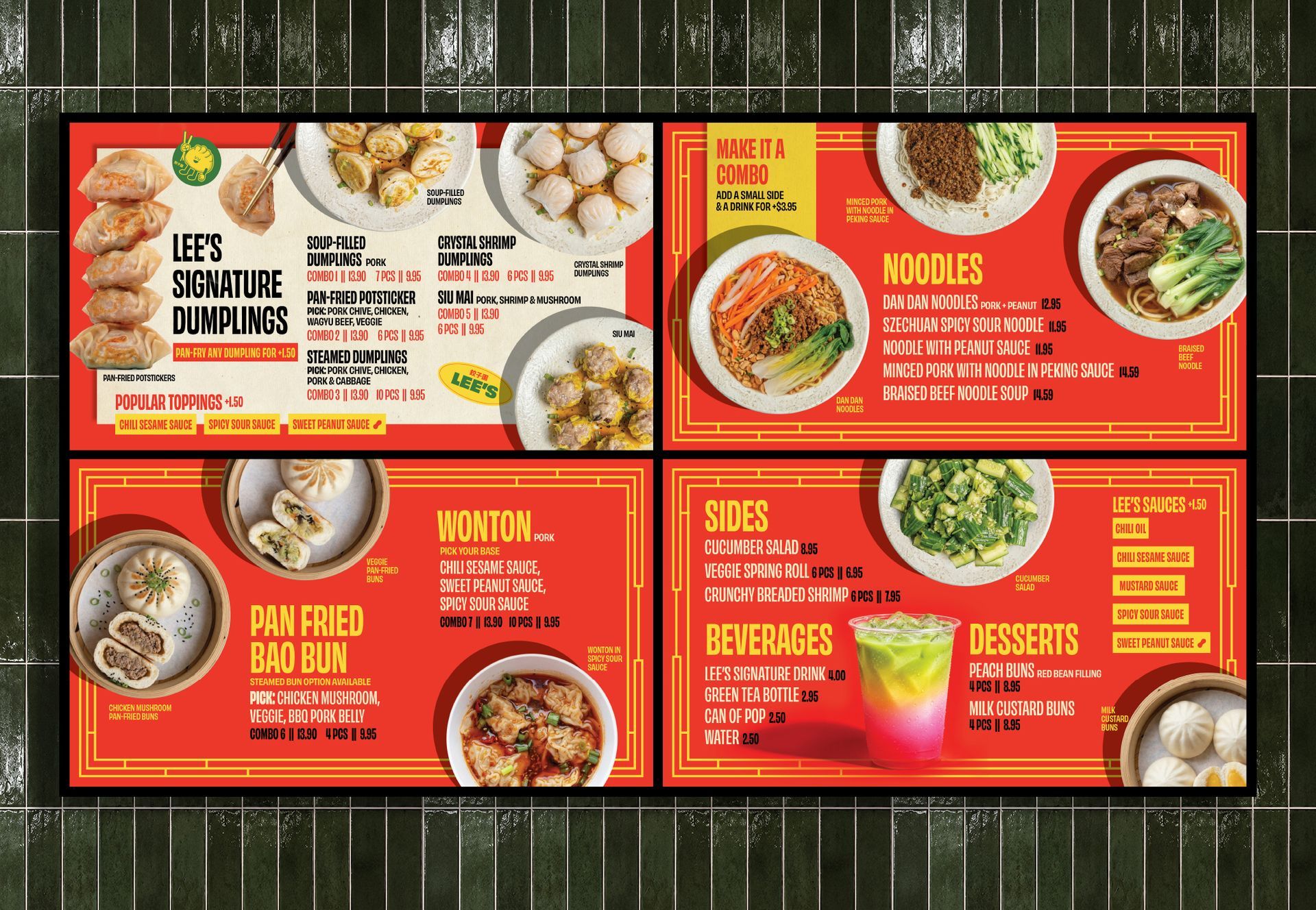 Colorful Chinese takeout menu board with photos of dishes, prices, and bright red-orange sections