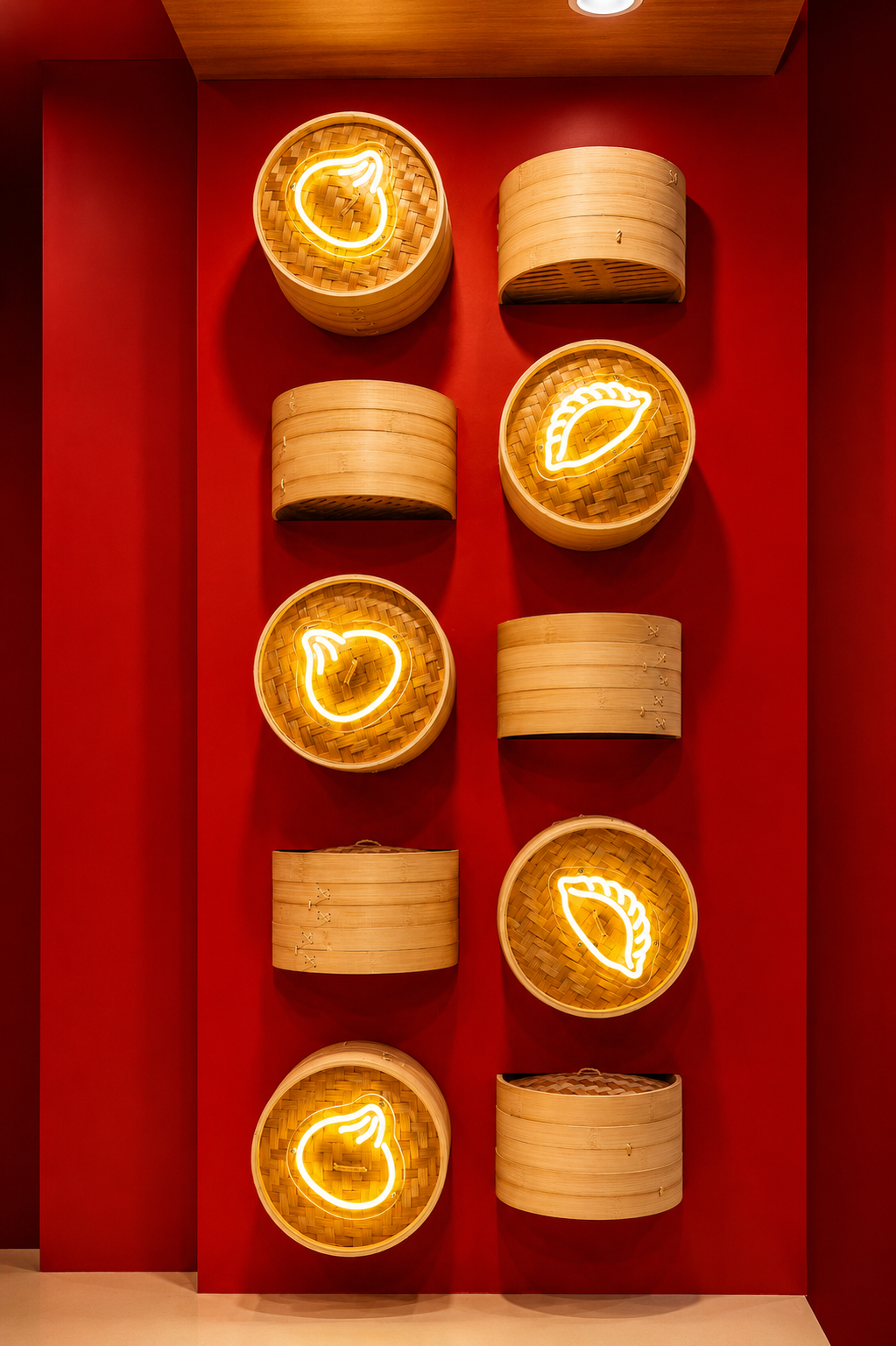 Red wall with lit orange mounted bao steamer baskets with yellow neon dumpling signage.