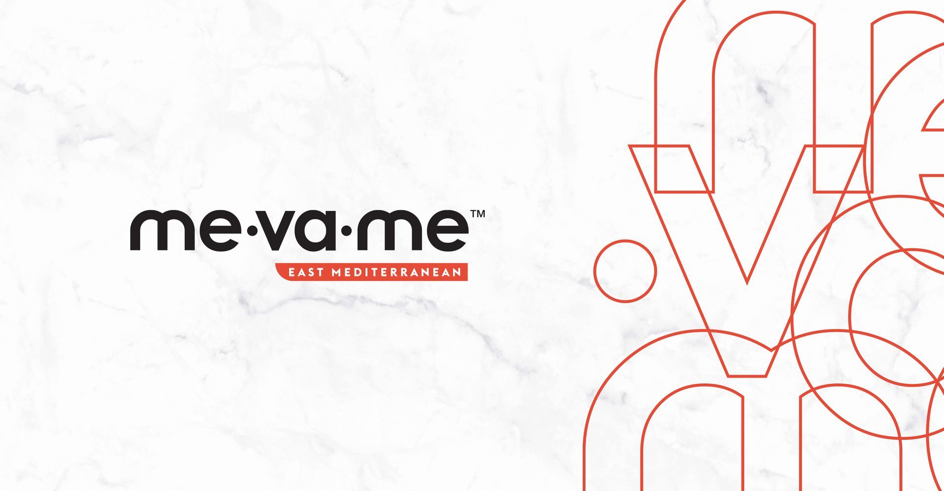 A logo for a company called me-va-me with a marble background.