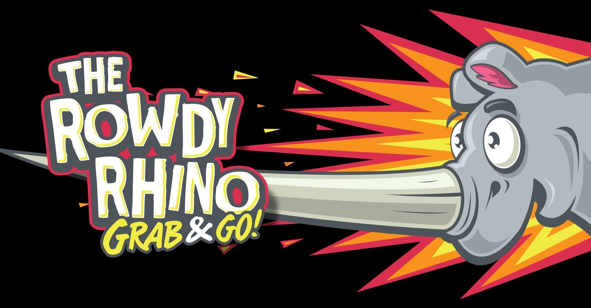 A cartoon of a rhino with a long horn and the words `` the rowdy rhino grab & go ''.