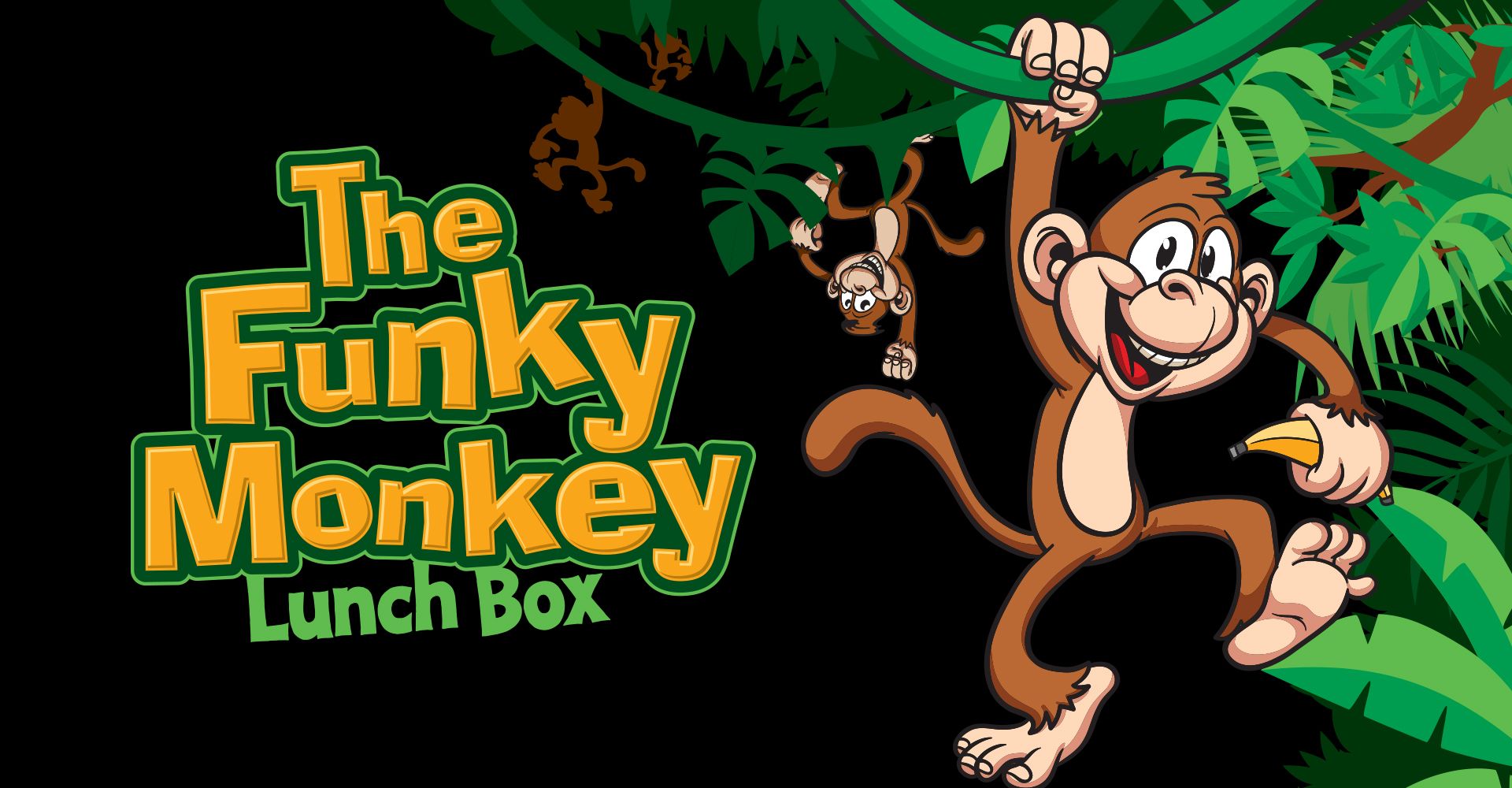 The funky monkey lunch box logo with a monkey holding a banana