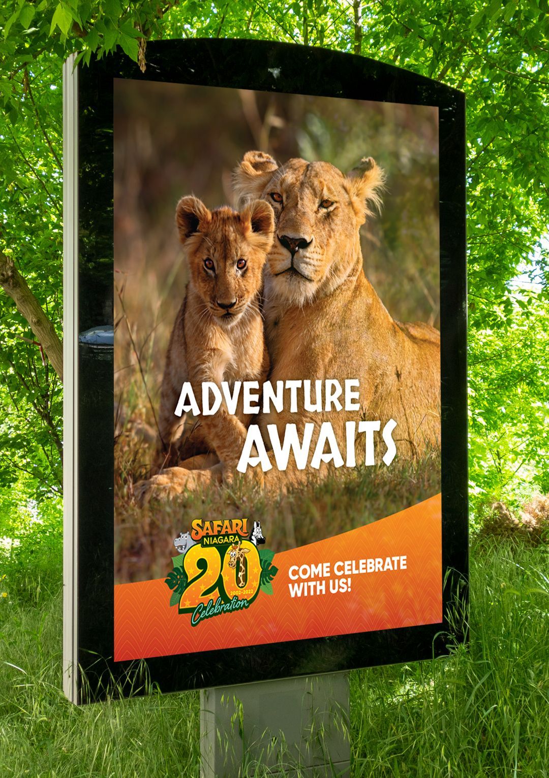 A billboard with a picture of a lion and a cub and the words `` adventure awaits ''.