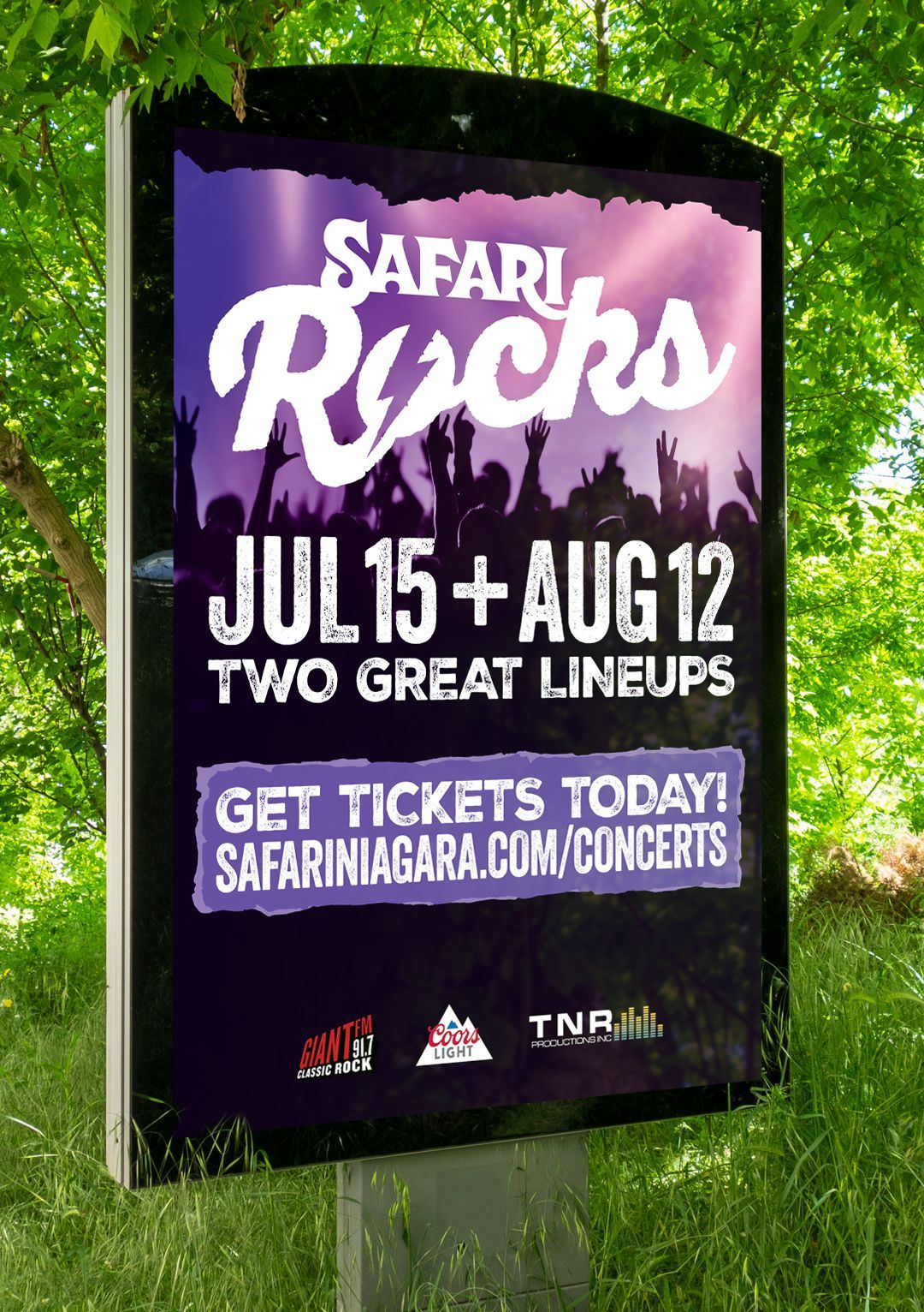 A billboard for safari rocks july 15 and august 12