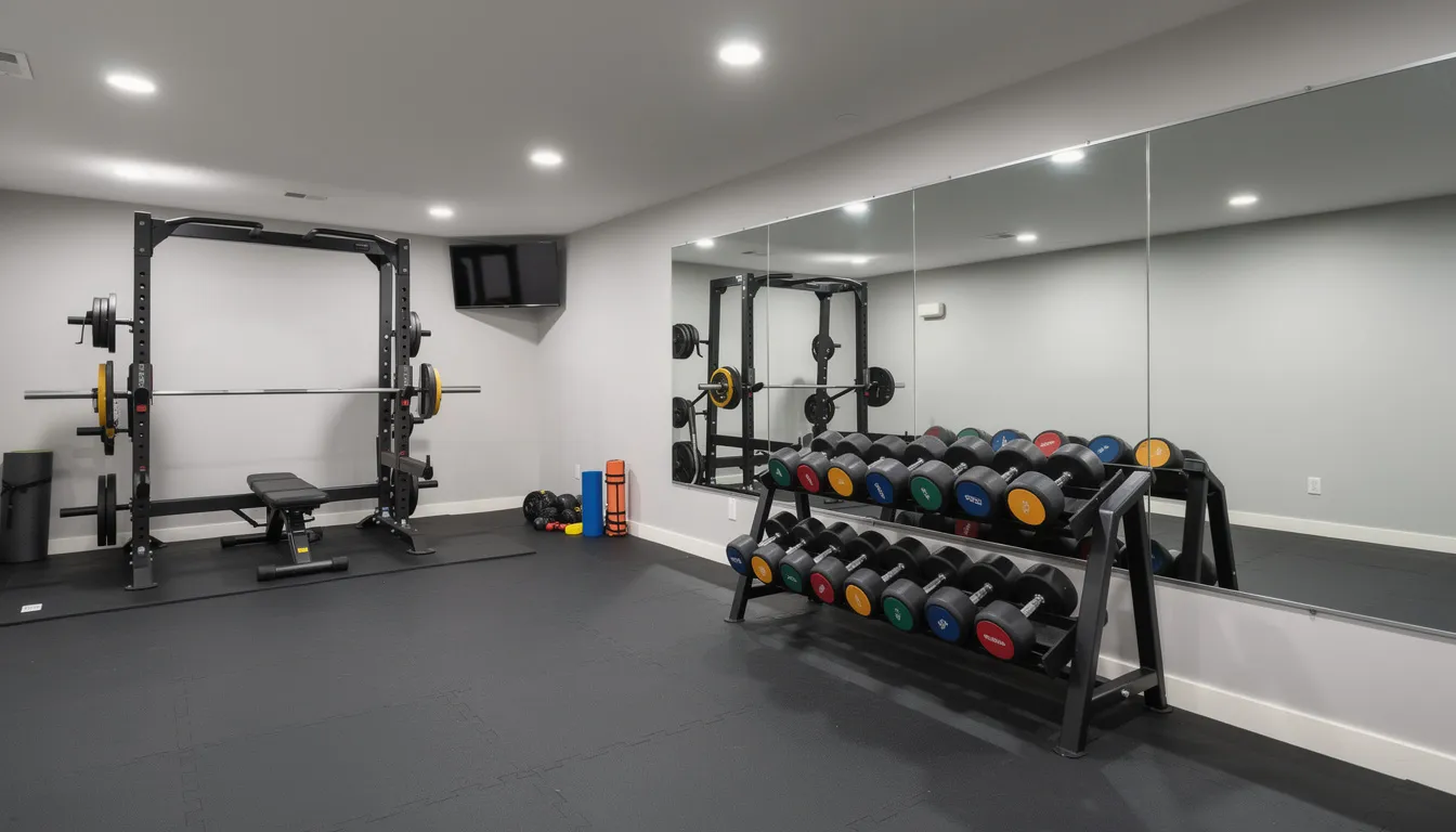 Home gym with weight rack, dumbbells, bench, and mirror. Gray walls and black rubber flooring.