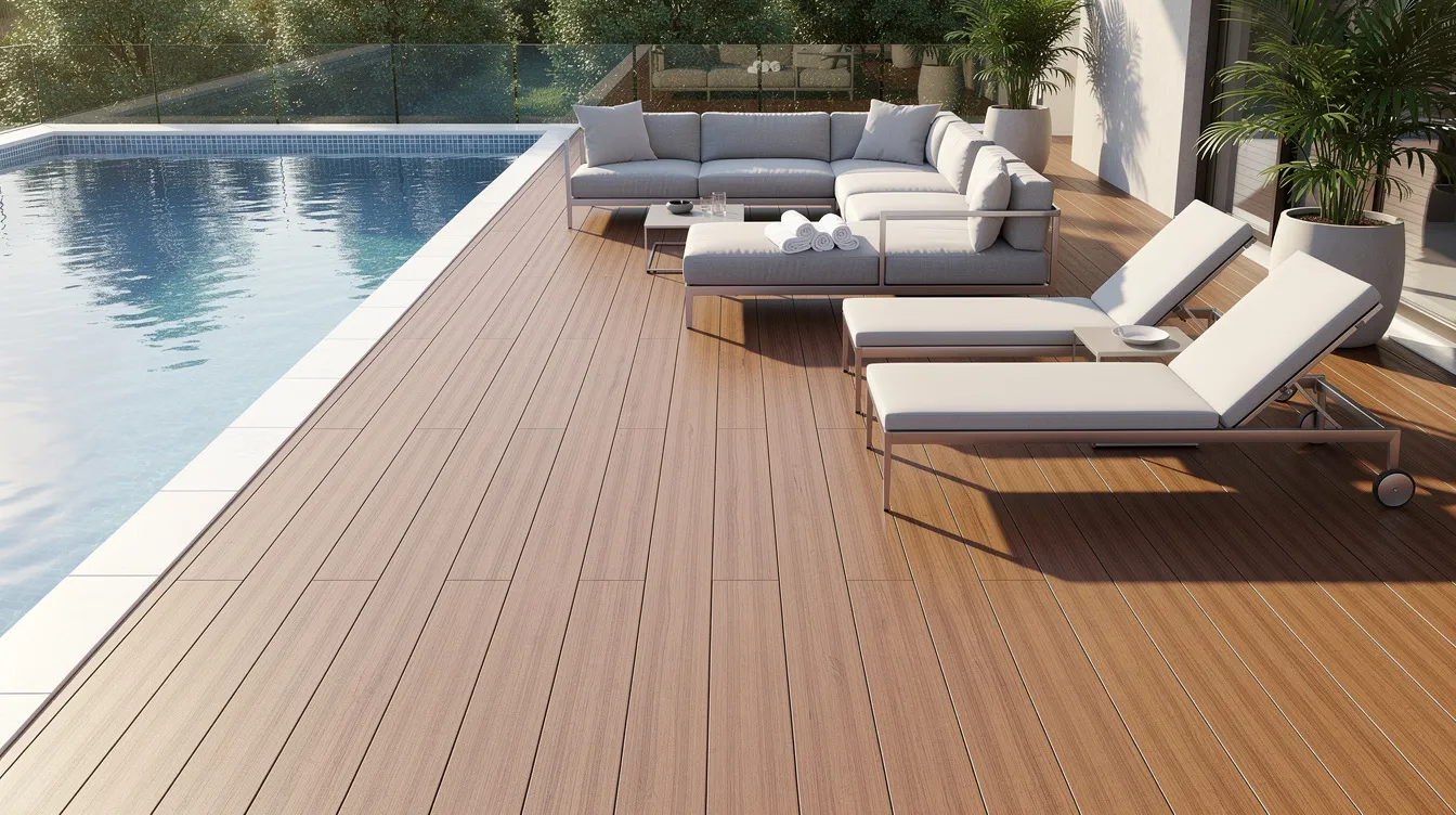 An elegant poolside scene features a PVC deck adorned with modern outdoor furniture, surrounded by clear blue water. This low-maintenance decking material offers a stylish and durable option for homeowners seeking to enhance their outdoor spaces.