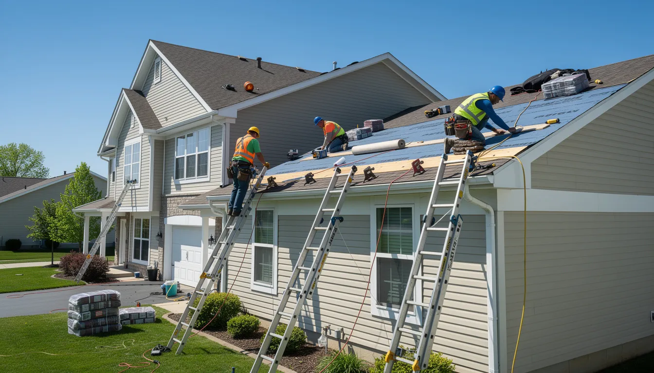 A roofing crew is actively working on a residential home, equipped with ladders and safety gear, as they focus on a roofing project that may involve roof repairs or replacement. This scene highlights the teamwork and quality workmanship typical of roofing services in northern New Jersey, ensuring the home is well-protected against the elements.