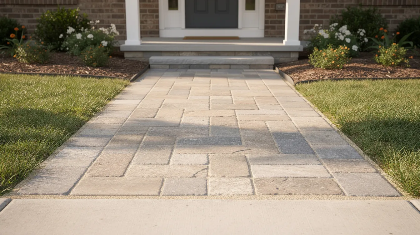 The image showcases a beautifully finished stone paving job for a walkway leading to a typical family home, enhancing the property's curb appeal. This residential masonry work highlights the quality and durability of the materials used, reflecting the precision and commitment of Essex County NJ masonry contractors.