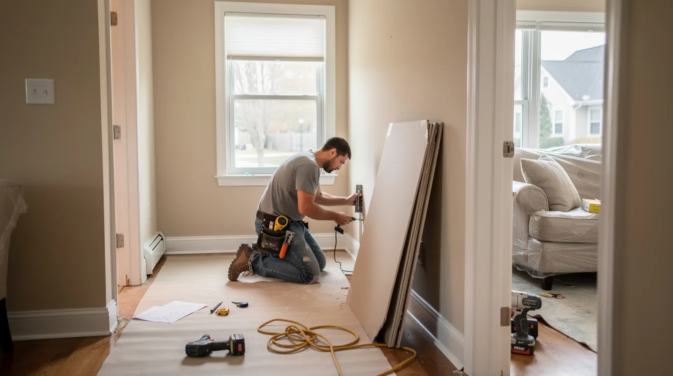 A contractor is diligently working on an interior home renovation in a typical New Jersey house, showcasing meticulous craftsmanship as he updates the living space. The scene reflects the renovation process, emphasizing the contractor's commitment to exceptional quality and customer satisfaction throughout the entire project.