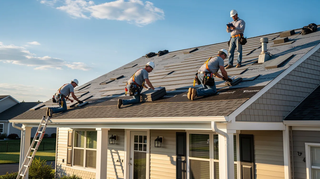 A professional roofing crew is seen working on a residential roof replacement under a clear blue sky, focusing on removing old shingles and preparing for the installation of a new roof. This roofing project, aimed at preventing future roof leaks and structural damage, showcases the expertise of experienced roofing contractors in Middlesex County.