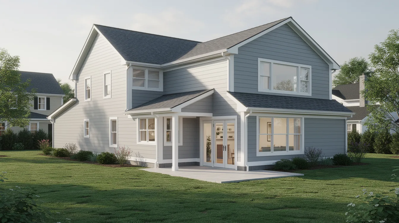 The image depicts a split-level New Jersey home featuring a newly added rear extension and updated exterior siding, showcasing exceptional craftsmanship and curb appeal. This remodeling project highlights the transformation of living space, providing a modern and inviting atmosphere for Jersey homeowners.