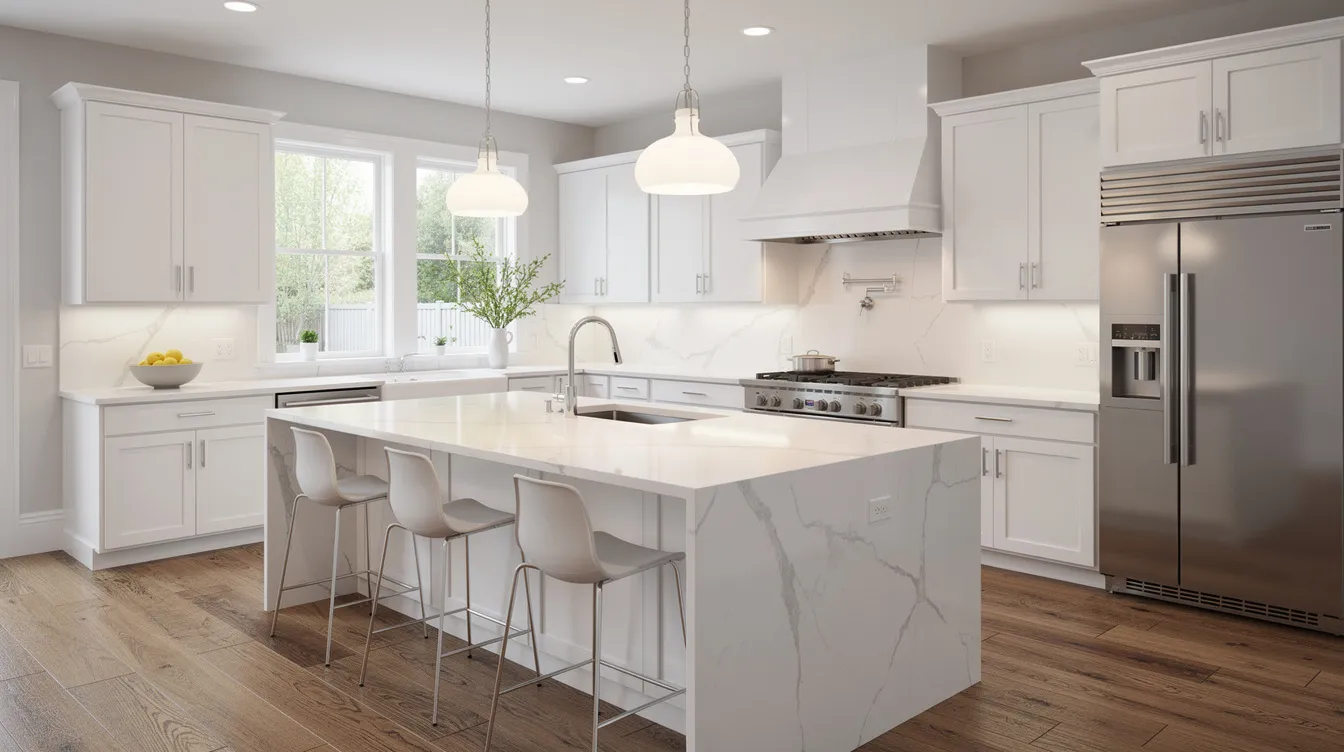 The image depicts a spacious, renovated kitchen featuring elegant white cabinetry, sleek quartz countertops, and a large center island, embodying the essence of a dream kitchen. This stunning transformation showcases exceptional quality and craftsmanship, perfect for New Jersey homeowners seeking to enhance their living space through a home remodeling project.