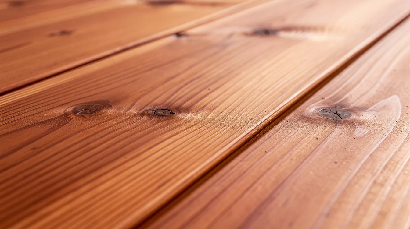 A close-up view of rich cedar wood deck boards showcases the intricate natural grain patterns, highlighting the beauty and texture of real wood. This image illustrates the aesthetic appeal of wood decking as a popular choice for homeowners seeking a warm and inviting outdoor space.