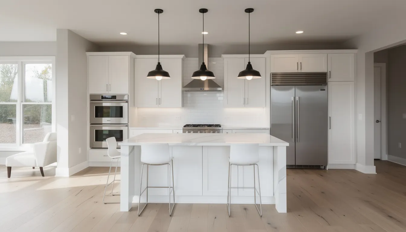 The image depicts a modern kitchen featuring sleek white cabinets and elegant quartz countertops, complemented by a spacious center island adorned with stylish pendant lighting. This inviting space exemplifies the beauty and functionality of kitchen remodeling, ideal for homeowners seeking to enhance their dream home in Central New Jersey.