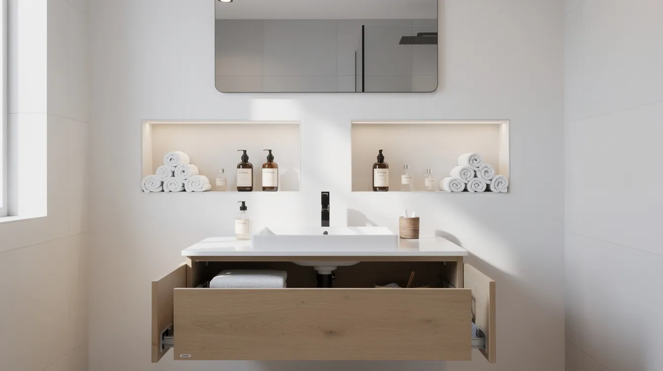 The image showcases a modern small bathroom remodel featuring a floating vanity with pull-out drawers, recessed wall niches filled with neatly arranged towels and toiletries, and a clean layout that maximizes floor space. This design emphasizes organization and style, making it an inspiring example for smaller spaces.