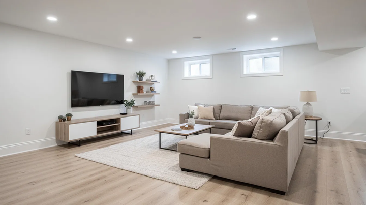 Bright modern living room with beige sectional, TV, white walls, and large windows in a New Jersey home