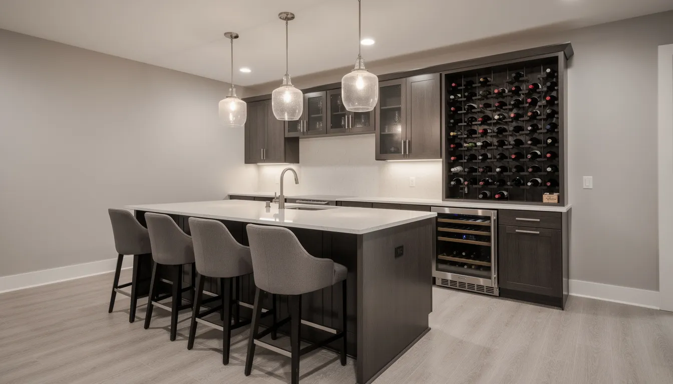 Modern kitchen with island, bar stools, pendant lights, and a wall-mounted wine rack
