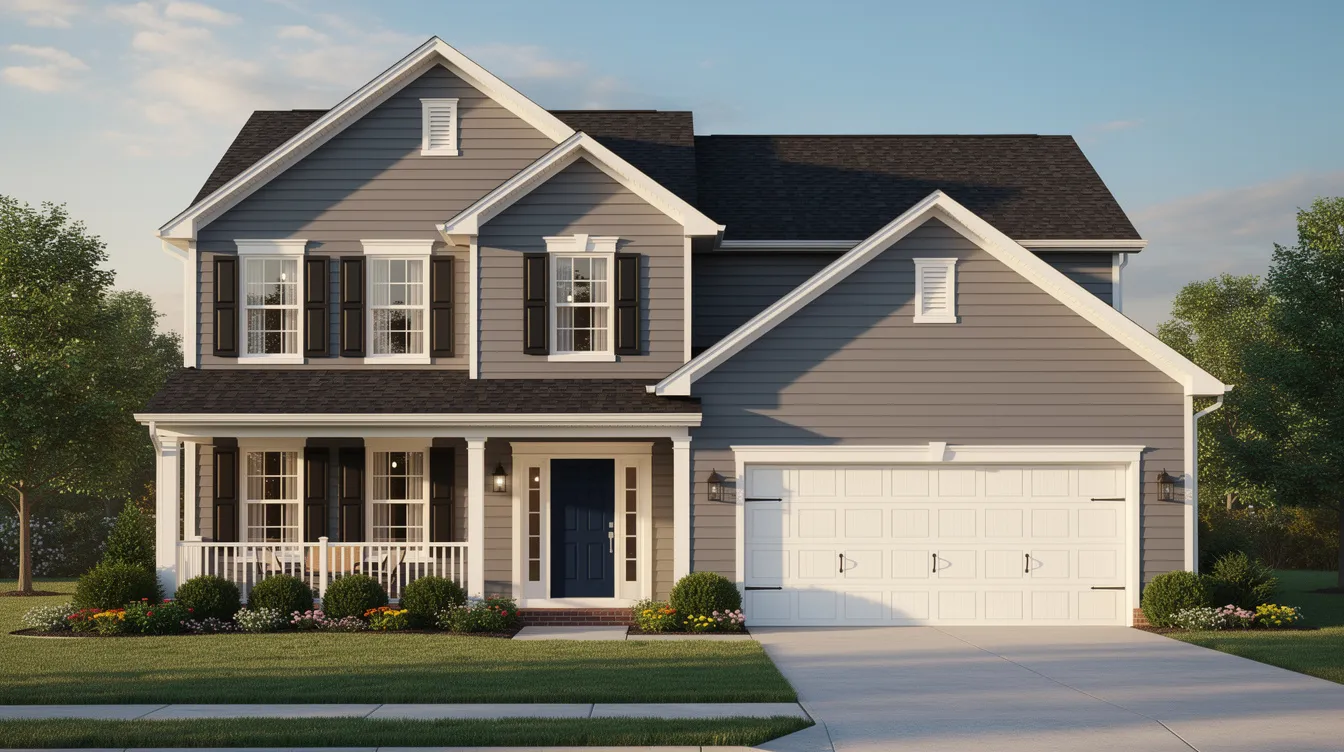 The image depicts a beautiful suburban home featuring new gray vinyl siding with white trim, showcasing a fresh and modern look for the home's exterior. This vinyl siding replacement enhances the property's curb appeal while providing durability and protection against weather elements.